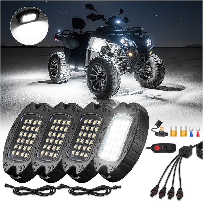 ZONECONA 4Pods Aluminum Housing Plug and Play All Pure White LED Rock Lights Kit with Switch Harness Wiring Extension,Quick Connect 6500K Metal Underglow 12V Waterproof for ATV UTV SXS RZR Offroad Four Wheeler - Image 1